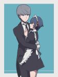  1boy 1girl absurdres alternate_costume apron black_dress black_necktie black_pants black_suit blue_background blue_eyes blue_hair blush border butler closed_mouth commentary_request dress enmaided gloves grey_eyes grey_hair hair_ribbon hand_on_another&#039;s_chest height_difference highres hug kulea1020 long_sleeves maid maid_apron maid_headdress narukami_yuu necktie outside_border pants persona persona_4 profile red_ribbon ribbon shirogane_naoto shirt simple_background smile suit white_apron white_border white_gloves white_shirt 