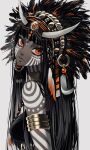  1girl absurdres armlet black_hair bodypaint dark_skin grey_background headdress highres horns jewelry lip_piercing long_hair looking_at_viewer original piercing red_eyes solo tribal urkt_10 very_dark_skin 