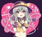  1girl ascot bare_shoulders battery black_headwear bow commentary green_eyes green_hair hat hat_bow heart heart-shaped_pupils heart_of_string highres komeiji_koishi looking_at_viewer medium_hair navel open_mouth outline purple_nails solo subaru_(subachoco) symbol-only_commentary symbol-shaped_pupils third_eye touhou upper_body white_outline wrist_cuffs yellow_ascot yellow_bow 