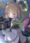  1girl absurdres animal_ear_headphones animal_ears aqua_bow aqua_necktie blonde_hair blue_archive blurry blurry_background blush bow closed_mouth collared_shirt fake_animal_ears green_eyes green_halo hair_bow halo headphones headphones_removed highres holding holding_headphones hood hooded_jacket jacket medium_hair midori_(blue_archive) natsukari_na necktie shirt solo twintails white_jacket white_shirt 