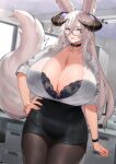  animal_ears black_bra blood_hood bra breasts choker cleavage fraeya_(vtuber) glasses hand_on_own_hip highres horn_ornament horns huge_breasts indie_virtual_youtuber miniskirt office office_lady open_clothes open_shirt pantyhose skirt sleeves_rolled_up tail underwear watch wristwatch 