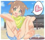  1girl barefoot blue_shorts blue_sky blurry blurry_background blush brown_hair cloud cloudy_sky colored_inner_hair day fang feet green_eyes green_shirt heart highres knees_up looking_at_viewer medium_hair multicolored_hair oka_asahi on_ground onii-chan_wa_oshimai! open_mouth outdoors sandals sandals_removed shirt shorts sidelocks sitting sky sl8-all soles solo spoken_heart star-shaped_pupils star_(symbol) streaked_hair symbol-shaped_pupils t-shirt thighs toenails toes tomboy twitter_username white_footwear 