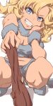  1girl aoi_nori_(aoicoblue) ayla_(chrono_trigger) blonde_hair blue_eyes breasts chrono_trigger cleavage club_(weapon) curly_hair long_hair looking_at_viewer simple_background smile solo weapon white_background 
