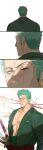  1boy abs bara birthday close-up confetti green_hair highres large_pectorals male_focus muscular muscular_male nipples one_piece pectoral_cleavage pectorals roronoa_zoro sequential sideburns solo_focus surprised sweetdou3 upper_body wide-eyed 
