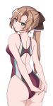  1girl absurdres adapted_costume akigumo_(kancolle) akigumo_kai_ni_(kancolle) alternate_costume ass brown_hair competition_swimsuit cowboy_shot from_behind green_eyes hair_ribbon highres kantai_collection long_hair looking_at_viewer mole mole_under_eye multicolored_clothes multicolored_swimsuit one-piece_swimsuit ponytail purple_one-piece_swimsuit ribbon simple_background smile solo swimsuit tokiwa_senkei white_background 
