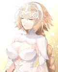  1girl alternate_costume blonde_hair braid breasts closed_eyes dress fate/grand_order fate_(series) hazuki-a headpiece highres jeanne_d&#039;arc_(fate) large_breasts long_braid long_hair long_sleeves open_mouth single_braid solo upper_body very_long_hair white_dress 