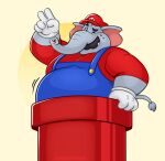  absurd_res anthro belly blue_eyes blush clothing elephant elephant_mario elephantid facial_hair giganticpaws gloves handwear hat headgear headwear hi_res male mammal mario mario_bros mustache nintendo one_eye_closed overalls overweight proboscidean proboscis_(anatomy) solo stuck super_mario_bros_wonder trunk_(anatomy) warp_pipe wink 