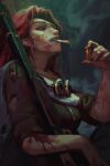  1girl blood blood_on_arm blood_on_face brown_eyes bullet commentary dao_trong_le english_commentary goggles gun highres holding holding_bullet original procreate_(medium) red_hair short_sleeves smoke smoking solo teeth weapon 
