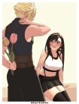  1boy 1girl arm_behind_back artist_name bare_arms bare_shoulders birthday black_hair black_skirt black_sports_bra black_thighhighs blonde_hair blurry blurry_foreground blush breasts brown_eyes cloud_strife collarbone couple crop_top earrings english_commentary final_fantasy final_fantasy_vii final_fantasy_vii_remake flower hair_between_eyes hand_on_own_neck highres holding holding_flower jewelry katsuartsu large_breasts lips long_hair looking_at_viewer midriff navel parted_lips single_earring sitting skirt sleeveless sleeveless_turtleneck spiked_hair sports_bra stud_earrings suspender_skirt suspenders sweater swept_bangs tank_top teardrop_earring thighhighs tifa_lockhart turtleneck turtleneck_sweater white_tank_top zettai_ryouiki 