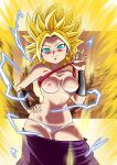  1girl aura bandeau bandeau_lift blonde_hair blue_eyes breasts caulifla clothes_pull commentary commission contrapposto dragon_ball dragon_ball_super electricity hand_on_own_hip highres issa_castagno medium_breasts navel nipples panties pants pants_pull purple_panties red_bandeau smile solo spiked_hair super_saiyan super_saiyan_2 underwear white_panties 