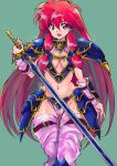  1990s_(style) 1girl armor ass_visible_through_thighs belt bikini_armor blue_armor branmarker breasts green_background green_nails hand_up highres holding holding_sword holding_weapon long_hair looking_at_viewer medium_breasts navel open_mouth pauldrons pink_thighhighs purple_eyes red_hair retro_artstyle shami_(branmarker) shoulder_armor simple_background smile solo sword thigh_belt thigh_gap thigh_strap thighhighs weapon wochi 