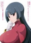  1girl blue_hair blunt_bangs breasts dark_blue_hair gloves hime_cut jacket large_breasts long_hair long_sleeves pokemon pokemon_(game) pokemon_frlg raised_eyebrows red_eyes red_jacket sabrina_(pokemon) solo straight_hair turtleneck turtleneck_jacket white_gloves yugo-eti 