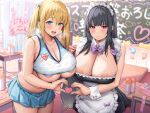  2girls absurdres apron areola_slip black_hair blonde_hair blue_eyes breasts chalkboard cleavage condom condom_wrapper heart heart_hands heart_hands_duo highres huge_breasts large_breasts long_hair looking_at_viewer low_neckline maid maid_apron maid_headdress microskirt midriff mole mole_on_breast mrpeanut_88 multiple_girls non-web_source original pink_eyes skirt smile twintails underboob undersized_clothes 