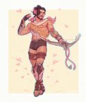  1boy abs absurdres arrow_(projectile) asian bara bare_pectorals beard black_shorts boots bow_(weapon) brown_hair bulge cupid cupid_hanzo dark-skinned_male dark_skin facial_hair flower_tattoo full_body furrowed_brow greek_clothes hanzo_(overwatch) highres holding holding_bow_(weapon) holding_weapon large_pectorals legs_together looking_at_viewer loving_aura magical_boy male_focus mature_male muscular muscular_male navel nipples official_alternate_costume overwatch pectorals pink_wings puckered_lips short_hair shorts solo standing tattoo thedamnthinguy thick_eyebrows thick_lips valentine weapon wings 