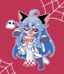  1girl :3 ahoge animal_ears animal_hands argyle argyle_dress bandages blue_eyes blue_hair blush bow breasts bright_pupils cat_ears cat_girl chibi cleavage commentary_request detached_sleeves dress eye_mask fang full_body ghost gloves goinkyo hair_between_eyes halloween_costume long_bangs long_hair looking_at_viewer medium_breasts one_eye_closed open_mouth outline paw_gloves paw_shoes pochiko_(poteko) ragnarok_online red_background see-through see-through_dress silk simple_background sleeveless sleeveless_dress smile solo sorcerer_(ragnarok_online) spider_web standing standing_on_one_leg v-shaped_eyebrows whisper_(ragnarok_online) white_bow white_outline white_pupils white_sleeves 