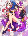  1girl artist_name aryi077 bare_shoulders black_hair blue_eyes boa_hancock breasts cleavage colored_sclera colored_skin commentary crossed_legs dress eyelashes forked_tongue heart high_heels highres long_hair multicolored_skin one_piece pink_nails purple_dress red_skin salome_(one_piece) skull_print sleeveless sleeveless_dress smile snake tongue two-tone_skin white_skin yellow_sclera zoom_layer 