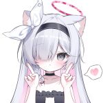  1girl :&lt; animal_ear_fluff animal_ears black_bra blue_archive blush bra braid cat_cutout cat_ears cat_girl cat_lingerie choker clothing_cutout expressionless frilled_bra frills grey_eyes grey_hair hair_over_one_eye hairband halo heart index_finger_raised long_hair looking_at_viewer meme_attire plana_(blue_archive) ribbon solo spoken_heart tsukimi_(xiaohuasan) underwear upper_body very_long_hair 