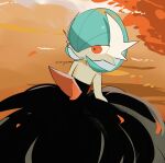  1girl alternate_color artist_name bare_shoulders black_dress blue_hair bob_cut colored_skin commentary dress english_commentary flat_chest gardevoir hair_over_one_eye happy highres long_dress mega_gardevoir mega_pokemon one_eye_covered open_mouth orange_background orange_eyes petals pokemon pokemon_(creature) shiny_pokemon short_hair signature smile solo strapless strapless_dress twitter_username white_skin zen_(koko) 