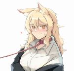  1girl absurdres animal_ear_fluff animal_ears arknights blonde_hair blush breasts collar extra_ears hair_between_eyes heart highres horse_ears horse_girl jacket leash long_hair long_sleeves looking_at_viewer nearl_(arknights) open_clothes orange_eyes seung-aeja shirt simple_background smile solo sweatdrop upper_body white_background white_shirt 