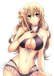  1girl ao_no_kiseki bikini black_bikini blonde_hair breasts cleavage cleavage_cutout clothing_cutout double-parted_bangs eiyuu_densetsu flower green_eyes hair_between_eyes hair_flower hair_ornament highres large_breasts long_hair looking_at_viewer mireille_(eiyuu_densetsu) navel satsuki_(chaosmode) simple_background solo swimsuit wavy_hair white_background zero_no_kiseki 