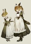  2girls absurdres animal_ears apron apron_lift bird_tail black_dress black_eyes black_footwear blush breasts brown_hair collared_dress commentary_request dot_mouth dress hair_between_eyes high_heels highres holding holding_plate looking_at_another maid maid_headdress multicolored_hair multiple_girls original owl_ears owl_girl plate ponytail rabbit_ears rabbit_girl rabbit_tail red_eyes sakutake_(ue3sayu) smile tail thumbs_up 
