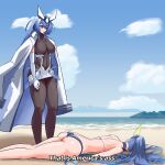  2girls ass avengers:_endgame avengers_(series) azur_lane beach bikini black_bodysuit blue_bikini blue_eyes blue_hair bodysuit cloud coat coat_on_shoulders commentary dual_persona elbow_gloves english_commentary english_text gloves hair_ornament highres lying marvel marvel_cinematic_universe meme multiple_girls new_jersey_(azur_lane) new_jersey_(midsummer_leisure)_(azur_lane) official_alternate_costume official_alternate_hairstyle on_stomach parody parttimetoast ponytail subtitled swimsuit white_gloves 