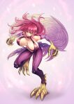  1girl animal_feet animal_hands bare_shoulders bouncing_breasts breasts claws cleavage colored_skin duel_monster feathered_wings full_body gradient_skin green_eyes harpie_lady harpie_lady_1 harpy highres large_breasts monster_girl pantyhose parted_lips purple_skin red_hair shouma_(bravespiritya) slingshot_swimsuit solo standing standing_on_one_leg swimsuit winged_arms wings yu-gi-oh! 
