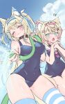  2girls :o animal_ear_fluff animal_ears black_collar blonde_hair blue_eyes blue_hair blue_thighhighs blush breasts cleavage collar commentary_request covered_navel dog_ears dog_girl fangs fuwawa_abyssgard hair_ornament hairband hairpin highres holding holding_hose hololive hololive_english hose large_breasts looking_at_viewer mococo_abyssgard multicolored_hair multiple_girls navel nyana_xoxo one-piece_swimsuit one_eye_closed pink_eyes pink_hair school_swimsuit siblings sisters skin_fangs small_breasts smile streaked_hair striped striped_thighhighs swimsuit thick_thighs thighhighs thighs twins virtual_youtuber water white_thighhighs x_hair_ornament 