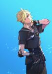  1boy black_gloves black_sailor_collar black_shirt black_shorts blonde_hair blue_background blue_eyes closed_mouth cloud_strife cowboy_shot crop_top dated elbow_pads final_fantasy final_fantasy_vii final_fantasy_vii_ever_crisis final_fantasy_vii_remake gloves hair_between_eyes hand_on_own_neck male_focus official_alternate_costume sailor_collar shirt short_hair shorts single_elbow_pad solo spiked_hair twitter_username wakakusa-e 