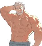  1boy abs bara check_copyright copyright_request cowboy_shot highres large_pectorals looking_to_the_side male_focus muscular muscular_male navel neumo nipples old old_man original pants pectorals short_hair solo stomach strongman_waist sweat thick_eyebrows thick_mustache track_pants white_hair 