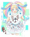  1girl absurdres animal_ears animal_hands blue_eyes blunt_bangs bow choker corset cropped_legs daia_(pri_chan) eyelashes fake_animal_ears fake_tail fur_choker headset highres kiratto_pri_chan looking_at_viewer minoco_(sana_moko) multicolored_hair open_mouth pom_pom_(clothes) pretty_(series) solo striped striped_bow tail twintails white_bow white_choker 