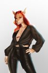  2021 anthro biped black_bottomwear black_clothing black_pants black_topwear bottomwear breasts cleavage clothed clothing countershade_face countershade_fur countershade_torso countershading deer digital_media_(artwork) eyebrows facial_piercing female fur hair hand_on_hip hand_on_own_hip hi_res horn long_hair mammal nose_piercing nose_ring orange_eyes orange_hair pants piercing portrait ring_piercing scarlet_(wolfbane154) septum_piercing septum_ring shaded simple_background solo standing tan_body tan_fur three-quarter_portrait topwear wolfbane154 