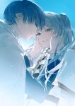  1boy 1girl blue_background blue_eyes blue_hair blue_tunic capelet clenched_teeth cloak crying crying_with_eyes_open elf frieren green_eyes hands_on_another&#039;s_face highres himmel_(sousou_no_frieren) long_hair looking_at_another pointy_ears qing_yan_xia short_hair sousou_no_frieren tears teeth twintails white_capelet white_cloak white_hair 