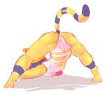  animal_crossing ankha_(animal_crossing) anthro ass_up big_breasts blue_hair body_wraps breasts butt clothed clothing digital_media_(artwork) domestic_cat egyptian felid feline felis female fur hair hanaarts hi_res jack-o&#039;_pose mammal muscular_thighs navel nintendo pose rear_view simple_background skimpy solo tail yellow_body yellow_fur 
