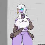  1:1 absurd_res anthro big_breasts blush blush_lines borrowed_character bottomwear breasts clothed clothing clothing_lift espathra female fur generation_9_pokemon genitals hi_res jacket lifted_by_self long_neck nintendo pokemon pokemon_(species) pussy rsinnamonroll skirt skirt_lift solo topwear 