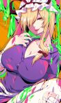  1girl blonde_hair breasts button_gap commentary hair_ornament hat highres holding holding_syringe kirisita large_breasts long_hair looking_at_viewer mob_cap orange_background parted_lips solo stained_clothes syringe touhou upper_body white_headwear yakumo_yukari yellow_eyes 