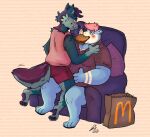  anthro bear belly blue_body blue_fur blush canid canine canis clothed clothing eating fast_food food force_feeding forced fur hair hi_res male mammal mcdonald&#039;s obese obese_anthro obese_male overweight overweight_anthro overweight_male pink_hair purple_hair raccoonkind series sitting straddling toza weight_gain wolf yukon 