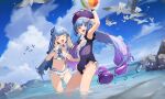  2girls ^_^ alternate_costume arm_up armpits ball beachball bikini bird blue_eyes blue_hair blue_ribbon blue_sky blunt_bangs choker chromatic_aberration closed_eyes cloud cloudy_sky commentary_request day eel_hat floating_hair flock frilled_bikini frilled_one-piece_swimsuit frilled_wrist_cuffs frills front-tie_bikini_top front-tie_top gradient_hair hair_ornament hair_ribbon hair_rings hairclip hand_to_own_mouth highres holding holding_ball holding_beachball kotonoha_aoi light_blush long_hair low_tied_sidelocks low_twintails mountainous_horizon multicolored_hair multiple_girls ocean one-piece_swimsuit open_mouth otomachi_una pinky_out purple_hair purple_one-piece_swimsuit ribbon seagull shirinda_fureiru sidelocks single_wrist_cuff sky smile swimsuit twintails very_long_hair vocaloid voiceroid wading water_drop white_bikini white_choker wrist_cuffs 