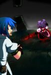  2girls black_gloves blue_hair colored_sclera commentary_request dark_persona dual_persona fingerless_gloves gloves glowing glowing_eyes hinanawi_tenshi looking_at_another multiple_girls open_mouth pouch puffy_short_sleeves puffy_sleeves purple_hair red_eyes red_sclera scared shaded_face shirt short_hair short_sleeves tearing_up tenco&#039;s_story touhou white_shirt yocchi_(tenyunkel) 