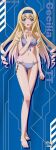  1girl barefoot bikini blonde_hair blue_background blue_eyes blue_hairband breasts cecilia_alcott cleavage drill_hair frilled_hairband frills front-tie_bikini_top front-tie_top full_body grey_bikini hairband hand_on_own_chest highres infinite_stratos large_breasts long_hair o-ring o-ring_bikini o-ring_bottom official_art open_mouth solo swimsuit 