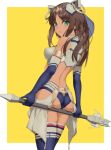  1girl animal_ears ass ass_focus bare_shoulders blue_eyes border brown_hair commentary cowboy_shot dark-skinned_female dark_skin detached_sleeves fake_animal_ears highres holding holding_weapon long_hair looking_back open_mouth original polearm simple_background solo spear symbol-only_commentary tsukira_(amayadori) weapon white_border yellow_background 