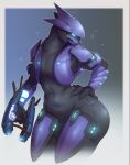  2023 alien armor clothed clothing female fully_clothed halo_(series) hand_on_hip hi_res holding_object holding_weapon microsoft not_furry pinup portrait pose rube sangheili solo thick_thighs three-quarter_portrait weapon wide_hips xbox_game_studios 