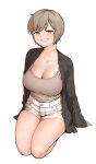  1girl absurdres arm_support bare_shoulders black_shirt breasts brown_eyes brown_hair cafe92 cleavage collarbone grey_tank_top grin highres kneeling korean_commentary large_breasts looking_at_viewer open_clothes open_shirt original seiza shirt short_hair short_shorts shorts simple_background sitting smile solo tank_top white_background white_shorts 