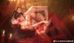  1boy 1girl bed brown_hair cai_lin_(doupo_cangqiong) candle collarbone doupo_cangqiong hair_tie highres holding_another&#039;s_leg huai_guang_zz jewelry lamp long_hair on_bed parted_lips ponytail red_nails red_skirt red_tube_top second-party_source sexually_suggestive skirt strapless topless_male tube_top veil xiao_yan_(doupo_cangqiong) 