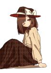  1girl bow brown_eyes brown_hair brown_headwear brown_skirt buttons closed_mouth hat hat_bow highres long_sleeves medium_hair nama_udon one_eye_closed puffy_long_sleeves puffy_sleeves shirt simple_background skirt solo touhou usami_renko white_background white_bow yellow_shirt 