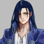  1boy black_hair blue_hair blue_jacket dog_tags earrings expressionless final_fantasy final_fantasy_viii green_eyes grey_background high_collar hoop_earrings jacket jewelry laguna_loire long_hair male_focus nini_tw99 open_clothes open_jacket shirt simple_background solo v-neck white_shirt worried 