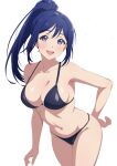  1girl absurdres arm_behind_back bikini black_bikini blue_hair blush breasts cleavage collarbone commentary_request high_ponytail highres huet-pc large_breasts long_hair looking_at_viewer love_live! love_live!_sunshine!! matsuura_kanan navel open_mouth ponytail purple_eyes sidelocks simple_background smile solo swimsuit upper_body water wet wet_clothes wet_swimsuit white_background 