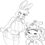  2021 angry anthro big_breasts black_and_white breasts chochi cleavage clothed clothing digital_drawing_(artwork) digital_media_(artwork) duo female hi_res huge_breasts lagomorph leporid mammal monochrome rabbit skimpy smile wide_hips wounded 