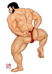  1boy adjusting_fundoshi arm_hair ass ass_hair back back_focus back_hair banjyaku bara beard black_hair facial_hair foot_hair from_behind full_body fundoshi hairy japanese_clothes leg_hair leg_up looking_at_viewer looking_back male_focus mature_male muscular muscular_male mustache original red_fundoshi short_hair solo thick_eyebrows topless_male 