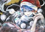 1girl blue_eyes blue_hair calligraphy_brush doremy_sweet hat ikeda_ruriko looking_at_viewer lying on_stomach open_mouth paintbrush painting_(medium) santa_hat solo touhou traditional_media 